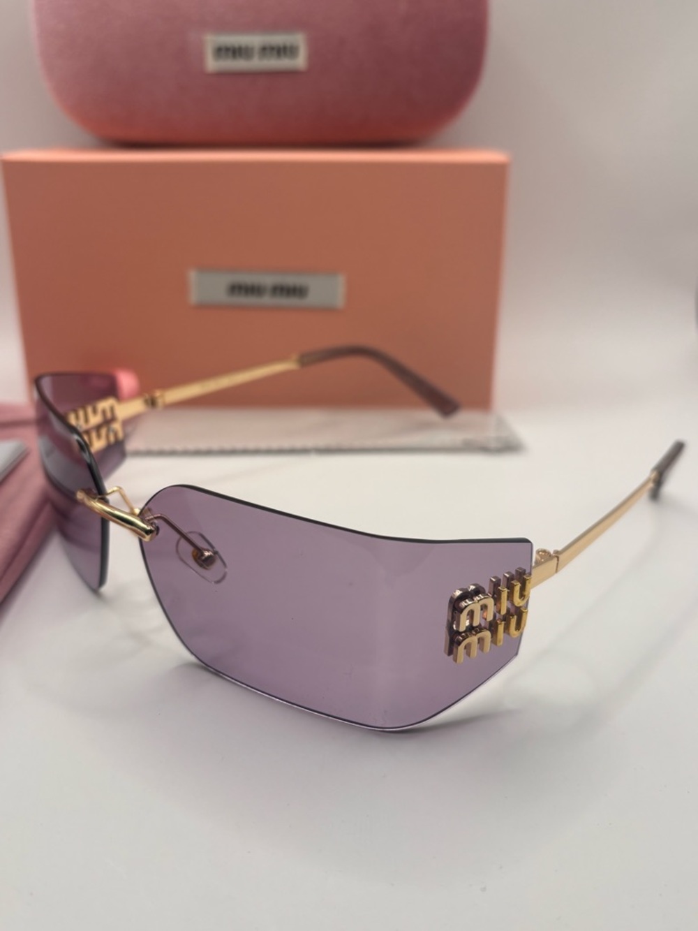 Miu Miu Rimless Shield Sunglasses in Lavender and Gold